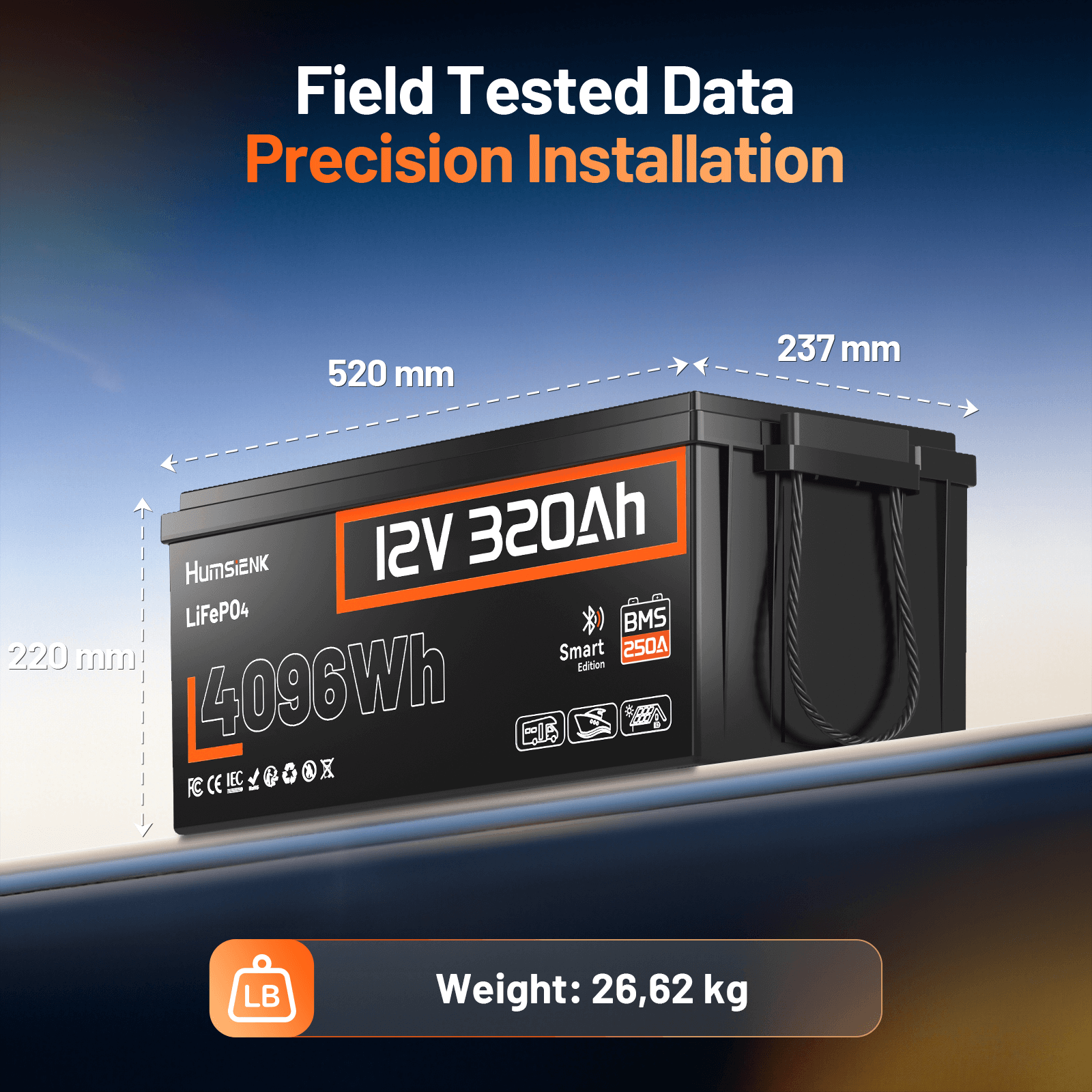 Humsienk 12V 320Ah Deep Cycle Battery size and weight