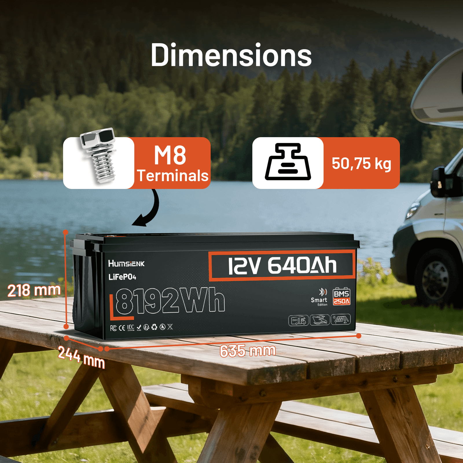 Humsienk 12V 640Ah LiFePO4 Lithium Battery size and weight
