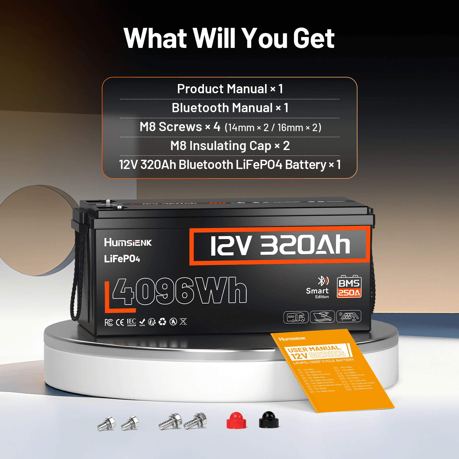 Package content of Humsienk 12V 320Ah Deep Cycle Battery