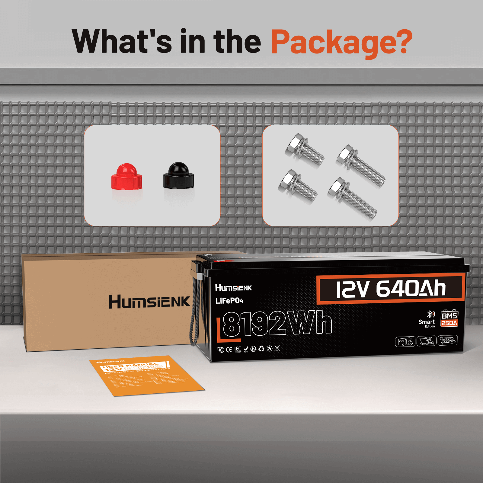 Package content of Humsienk 12V 640Ah LiFePO4 Lithium Battery